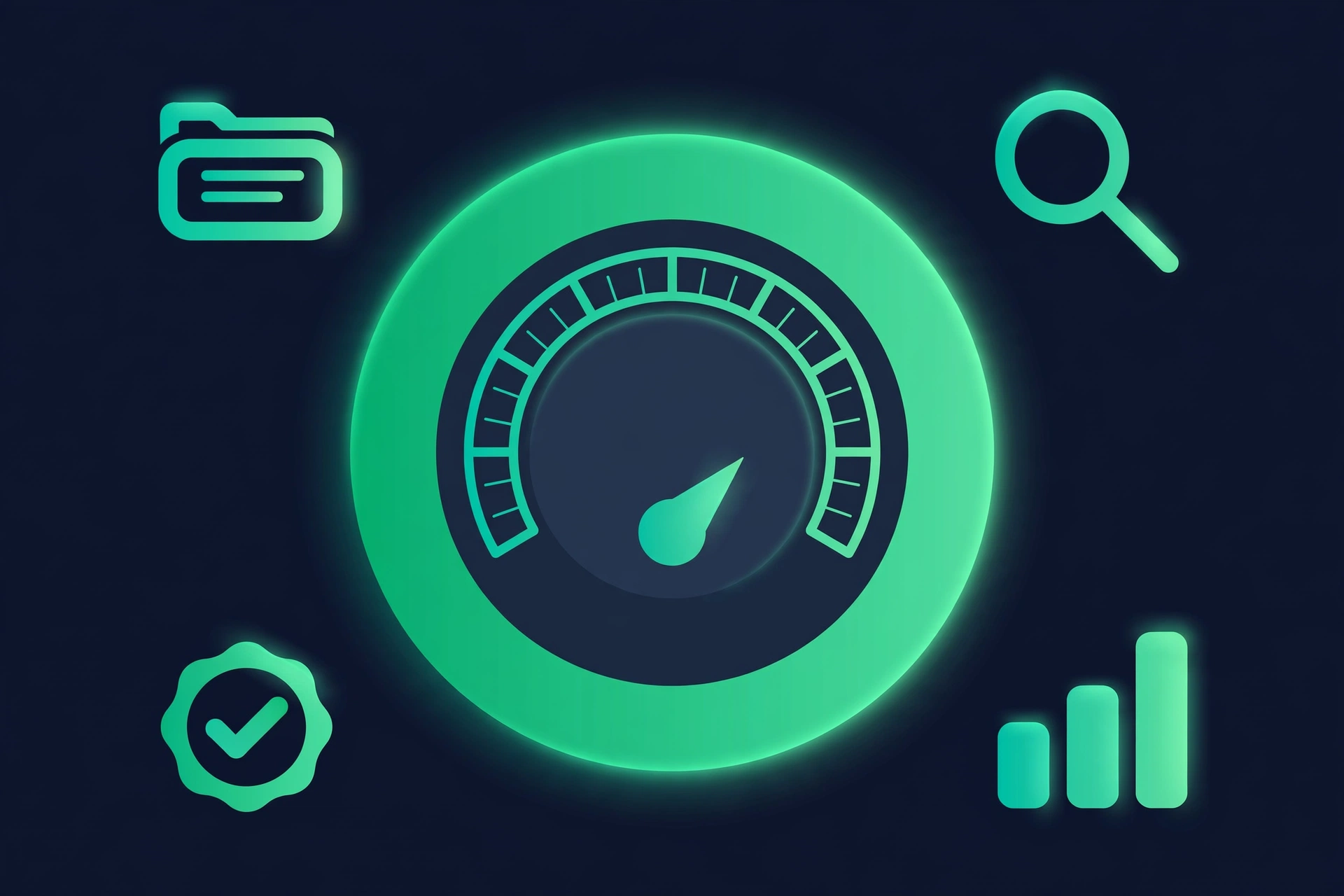 Illustration of an SEO score gauge dashboard with website audit icons in emerald green on dark slate
